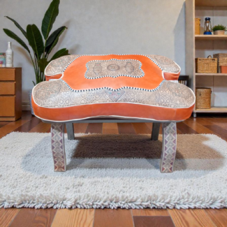 Tabouret pliable en bois avec pouf en cuir véritable