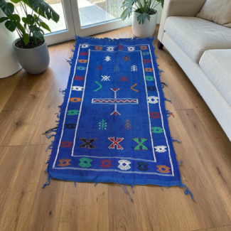 Tapis Sabra Artisanal Bleu - Symboles Berbères (150 x 90 cm)